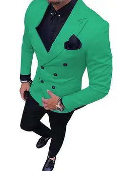 Zelené Sako Čierne Nohavice Silm Double-Breasted Muži Obleky, Kostýmy Homme Obleky Pre Mužov Ženícha Tuxedos(Top+Nohavice)