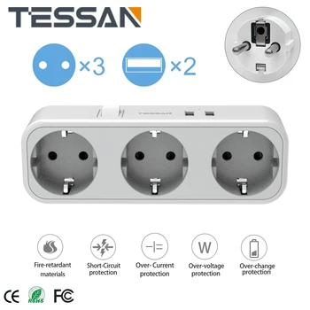 TESSAN EÚ Multi Plug rozvodky s vypínačom 1/3 AC Zásuvky 2 Nabíjanie pomocou pripojenia USB Porty EÚ Sieťovej Zásuvky Extender Adaptér pre Domáce Kancelárie