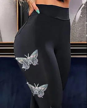 Drahokamu Motýľ Vzor Vysoký Pás Skinny Nohavice Osobnosti Európe a Amerike Módne Oblečenie pre Ženy 2023