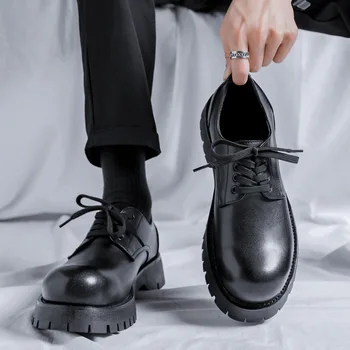 mens príležitostných business office formálne šaty, topánky krajky-up derby topánky čierne príliv pravej kože platformu obuv gentleman zapatos
