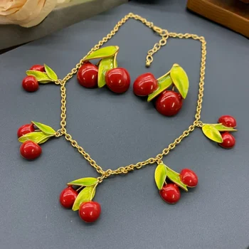 Vintage red cherry Odkvapkávanie Oleja Náušnice, Náhrdelník, Svieže a elegantné dievča šperky