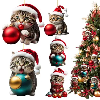 Mačka Drží Vianočné Gule na Vianočný Stromček Prívesok Ornament 2D Akryl Dvojité Bočné Tlač Roztomilý Zvierat Séria Auto Dekorácií