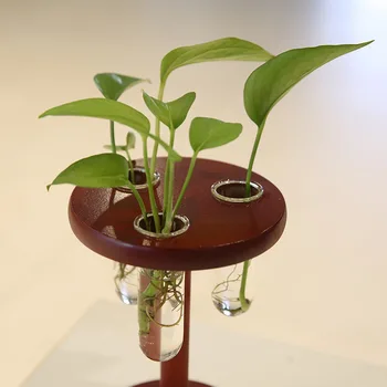 Nové Sklenené Terárium 3 Skúmavky do Vázy s Okrúhly Drevený Stojan pre Domova Ploche Kvetináč Kvetináče pre Hydroponické Rastliny