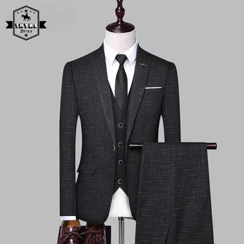 Vysoká Kvalita 3 Ks Sa Nastaví Pánske Komplety ( Bunda + Vesta+Nohavice ) Módne Klasiky Business Formálne Obleky Mužov Slim Fit Bunda Oblek