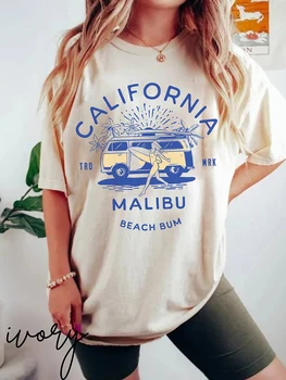 Kalifornia Malibu Beach Bum Bavlna Vytlačí T-Shirts Harajuku Ulice T-Shirt Voľné Nadrozmerné Tričko Krátky Rukáv Ženy T-Shirts