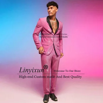 Hot Pink Flitrami Muži Obleky S Drážkou Klope Ženícha Tuxedos 3 Ks Sa Nastaví Svadbu, Ples Blejzre, Nohavice, Oblečenie Terno Masculino Completo