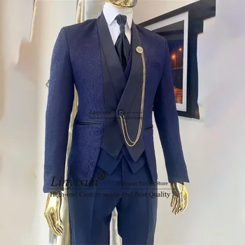 Jedinečný dizajn Žakárové Pánske Obleky Stojan Golier Nevesty Svadobné Tuxedos 3 Ks sa Nastaví Ženích Prom Blejzre Kostým Homme