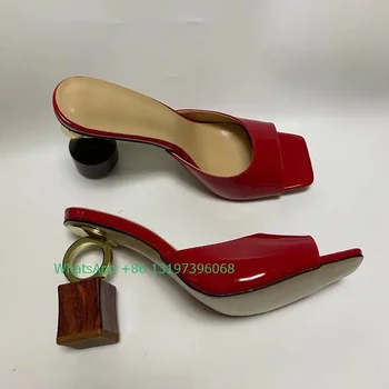 lady červené kožené zrkadlo bežné papuče krytý vonkajší conforty tvar kovových tvar päty papuče &sandále, veľkosť 43 obuv