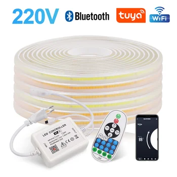 Stmievateľné 220V COB Led Pásy Tuya WIFI Bluetooth APP Riadenie Flexibilné LED Pásky Pásky 288LED/m Super Svetlé Nepremokavé FOB Svetlá
