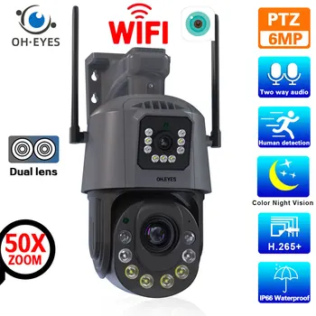 6MP Wifi PTZ IP Kamera Vonkajší Duálny Objektív Dvojitá Obrazovka 50x Zoom Detekcia Ľudských Bezdrôtový KAMEROVÝ Bezpečnostný Dohľad Fotoaparát ICsee