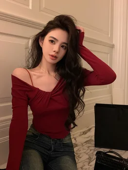2023 Jeseň Červená Elegantný Štíhly Blúzka Office Lady Základné Dizajnu Kórejskej Fashion Tričko Žena S Dlhým Rukávom Bodycon Ležérne Oblečenie