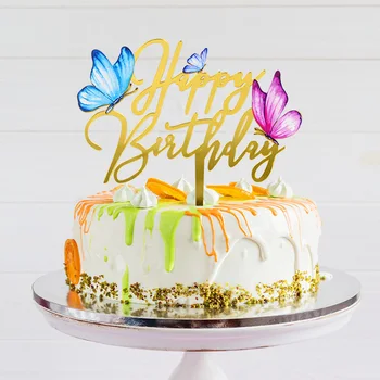Zlato, Striebro Akryl Happy Birthday Motýľ Tortu Vňaťou pre Deti Baby Sprcha Motýle Narodeninovej Party Dezert Cake Decoration