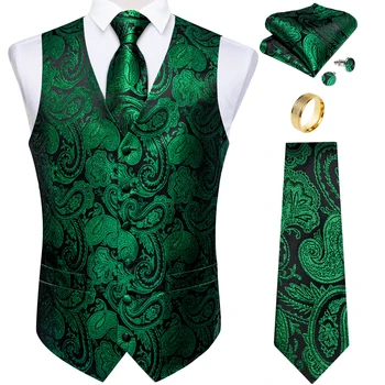 Móda Zelená Paisley Vesta pre Človeka Business Festival Šaty Nosenie, pánske Vesty Luxusná Hodvábna Kravata Vrecku Štvorcové manžetové gombíky Krúžok